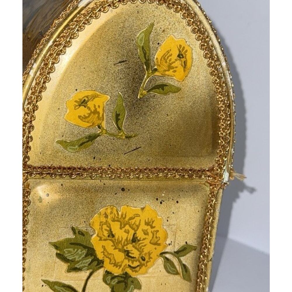 Vintage Metal Work Lunchbox Purse Dome Top Decoupage Painted Roses Yellow 10x8” - Picture 8 of 10